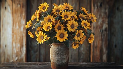 Golden sunflowers gracefully arranged in a rustic vase creating a timeless floral display generative ai