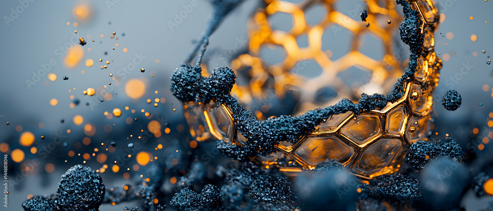 Poster abstract microscopic artwork depicts intricate geometric forms. suggests nanotechnology or scientifi
