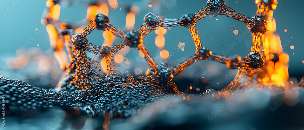 Poster abstract image of molecular structure with glowing elements. great for scientific visuals or tech ba