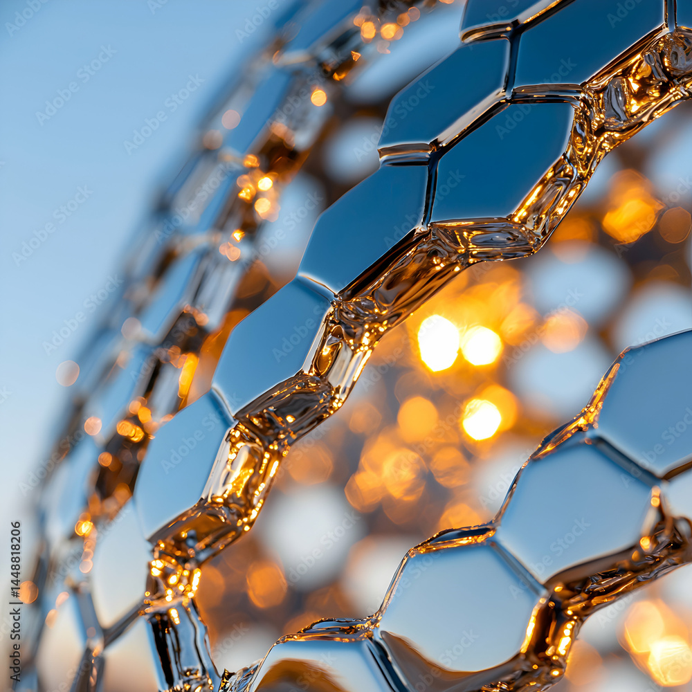 Poster a close-up of a futuristic geometric structure. suggests technological innovation design architectur