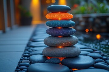 Obraz premium Stacked Stones: Glowing pebbles balanced in a zen-like cairn creating calm