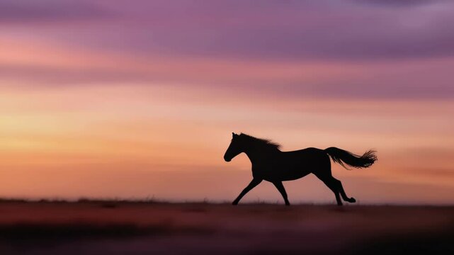 Powerful horse silhouette galloping across golden hued field, dynamic movement framed by vibrant sunset sky with dramatic orange and purple tones
