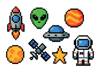 Space exploration pixel art icons: retro sci-fi, galactic adventure symbols for tech projects - rocket, alien, planet, ufo, satellite, astronaut, star