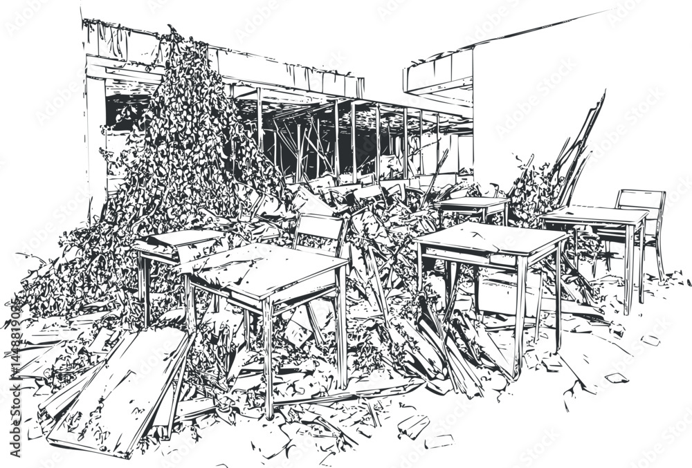 Poster black and white sketch of an abandoned space with broken tables, chairs and debris showing destructi