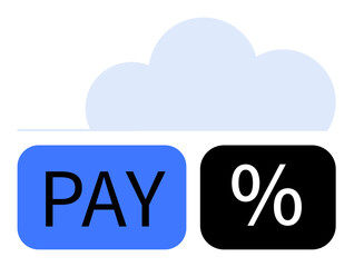 Bold PAY button and percentage icon under minimal cloud element. Ideal for e-commerce, transactions, fintech, online payments, discounts, cloud-based solutions, digital finance. Clean flat simple