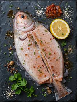 Ready-to-cook raw fresh pompano fish, lemon slice, spices, sauce and parsley on a black stone slate background