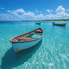 Naklejka premium Wooden Boat Floating on Turquoise Water Near Tropical Island Paradise