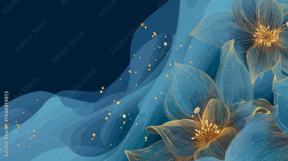 Poster vector horizontal banner with copy space for text, abstract background with flowers and waves -