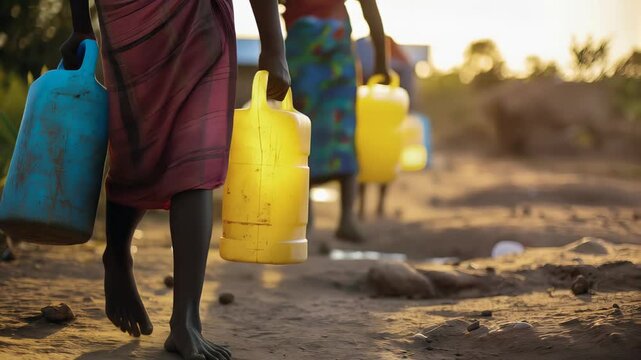 Resilient African women walking barefoot, carrying water cans across arid landscape during golden sunset, embodying survival and hope amid resource scarcity