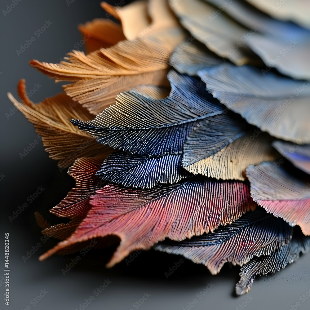 Poster a close-up of colorful detailed leaves arranged together showing texture and depth possibly used as 