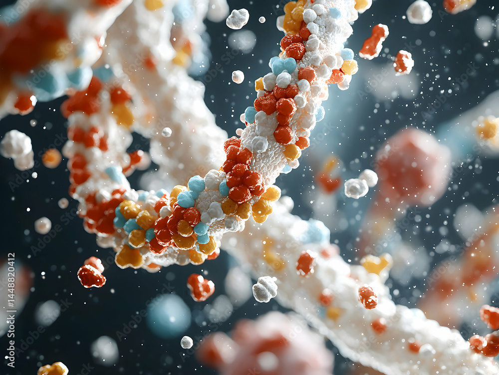 Poster abstract molecular rendering with vibrant colors and swirling structures. useful for scientific visu