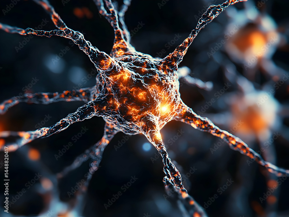Poster a vibrant depiction of a neuron cell showcasing intricate details of its structure. use it for scien