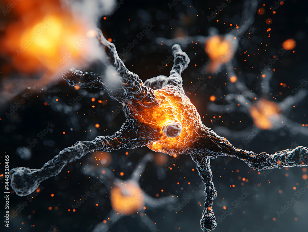 Poster an artistic rendering of a neuron firing with vibrant orange and gray hues. could be used in educati