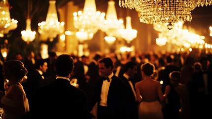 Luxurious evening gathering under glittering chandeliers.