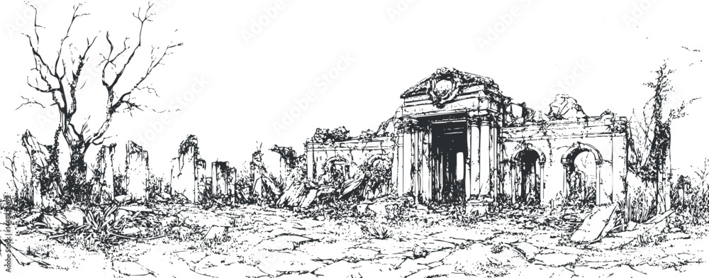 Aufkleber black and white detailed sketch of ancient ruined building with columns and dead trees surrounding i