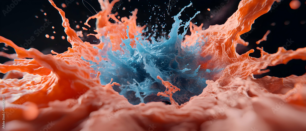Poster abstract image of fluid splash with orange and blue colors. could be used for science marketing. vis