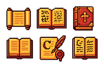 Ancient manuscript pixel art icon set – retro historical and book symbols for digital designs: scroll, open book, closed book, quill, sealed letter.