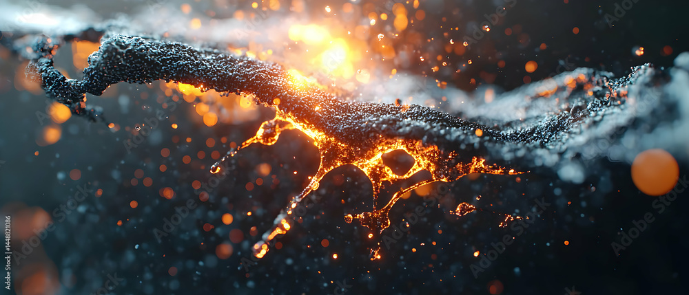 Poster a vibrant artistic rendering of lava flowing through a crystallized formation against a dark backdro