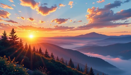 Majestic Sunrise over Mountain Ranges Scenic Landscape