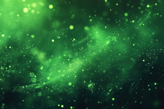 Enchanted dark forest with glowing green mist and floating light particles