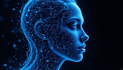 Obraz premium Futuristic Woman Profile Digital Circuit Board Technology AI