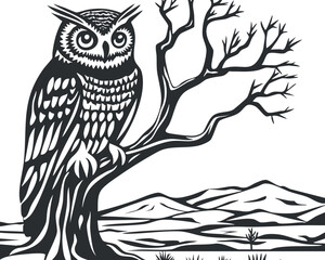Black and white illustration of an owl perched on a tree branch in a natural landscape with mountains and sparse vegetation.