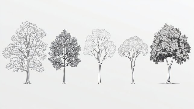A 4K photo of minimal style cad tree line drawing, Side view, set of graphics trees elements outline symbol for architecture and landscape design drawing. Vector.