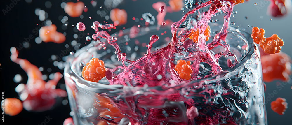 Poster this image depicts an abstract splash of liquid with floating orange and pink elements. it's perfect