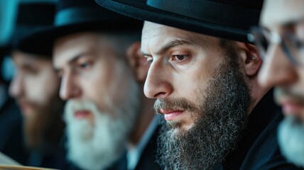 Fototapeta premium A group of Hasidic Jewish men studying religious texts together, focused expressions, traditional setting