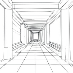 Black and white line art of a long corridor with columns and benches, showing architectural perspective and interior design.