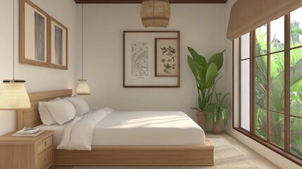 Peaceful, modern bedroom interior with natural elements.