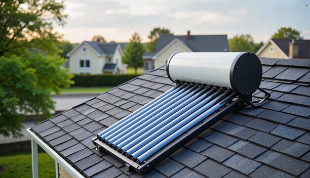 Solar water heating system installed on a rooftop with a modern design, surrounded by residential houses in a suburban neighborhood, concept of home energy solutions