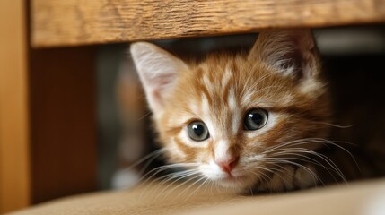 Ginger Kitten Peeking Out From Under Furniture