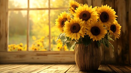 A delicate yet striking sunflower bouquet placed in a handcrafted wooden vase radiating warmth generative ai