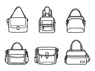 Set of 6 pcs Different type of Crossbody Bag Clear Vision Simple Line Art on White Background