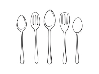 Set of 6 pcs Different type of Cutlery Spoon Clear Vision Simple Line Art on White Background