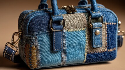 Trendy mini handbag crafted from upcycled denim with playful patchwork and bold stitching