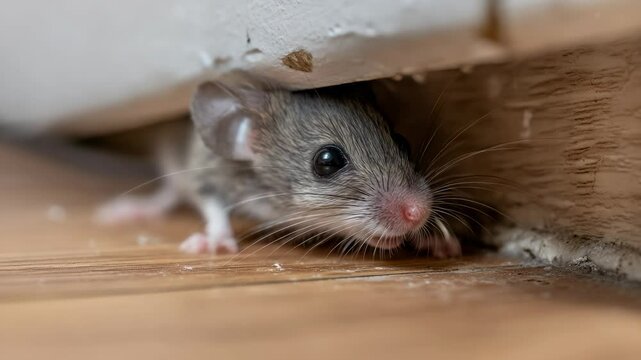 Close up view of a gray field mouse peeking out from under a wall on wood grain floor