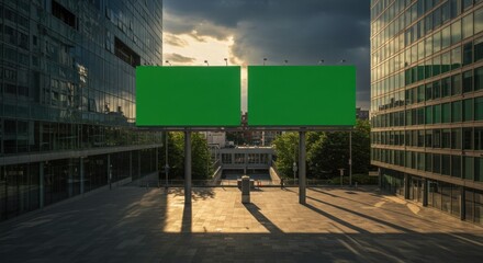 Blank billboard PSD. Empty green billboards in modern urban setting