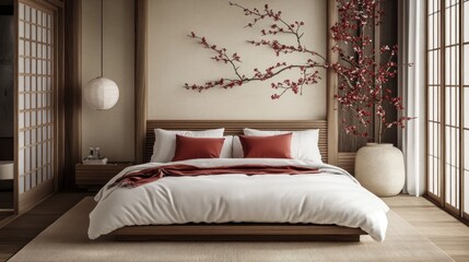 Elegant, modern bedroom interior in a muted Japanese style.