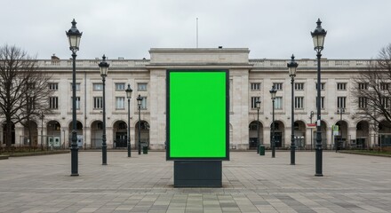 Blank billboard PSD. Empty billboard in urban square against historic architecture