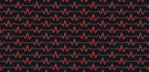 Red waveform rhythm on a black surface. Pulse shape line art seamless geometric vector pattern design in red color.