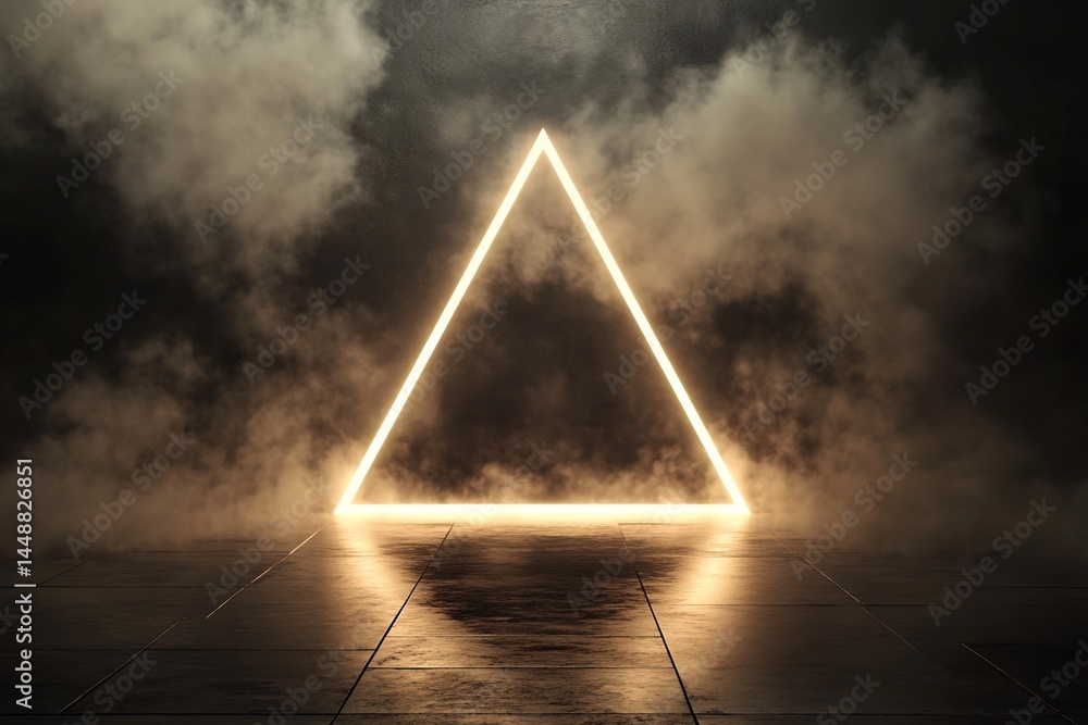 Poster illuminated triangular neon frame in smoky environment