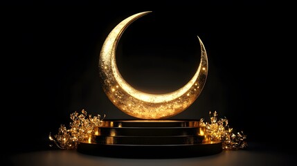 Golden Crescent Moon on Black Platform with Gold Accents
