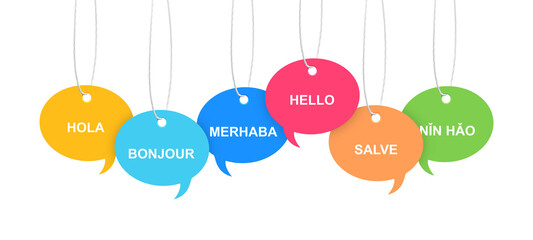 Paper speech bubbles with greetings in different languages hanging on white background. Banner design © New Africa