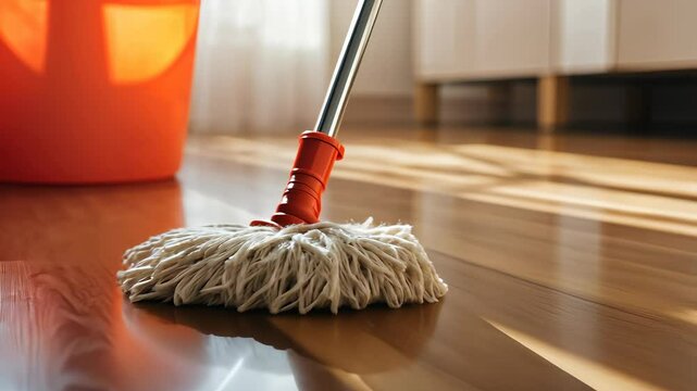 Cleaning hardwood floors using a mop and bucket in a sunlit living room