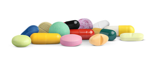 Many different antibiotic pills on white background