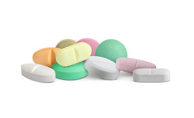 Many different antibiotic pills on white background