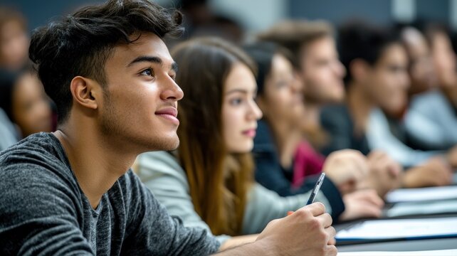 A group of immigrants attending an ESL (English as a Second Language) class, learning with determination, diverse students