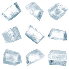 Clear ice cubes on white background, set